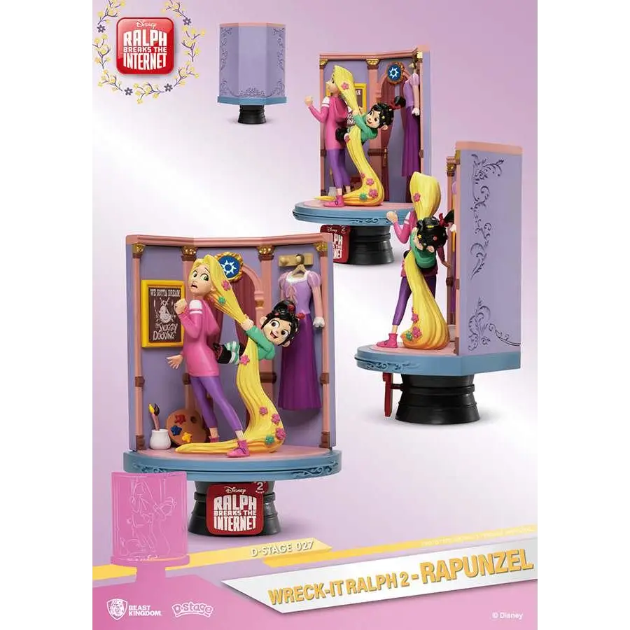 Lila och rosa miniatyrdiorama med Rapunzel från Wreck-It Ralph 2 i utsmyckat sminkrum