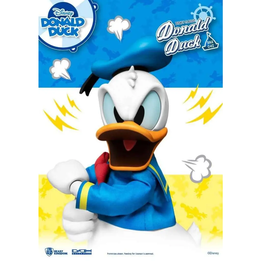 Blå och vit Disney Donald Duck-figur i klassisk sjömanströja med gul kant