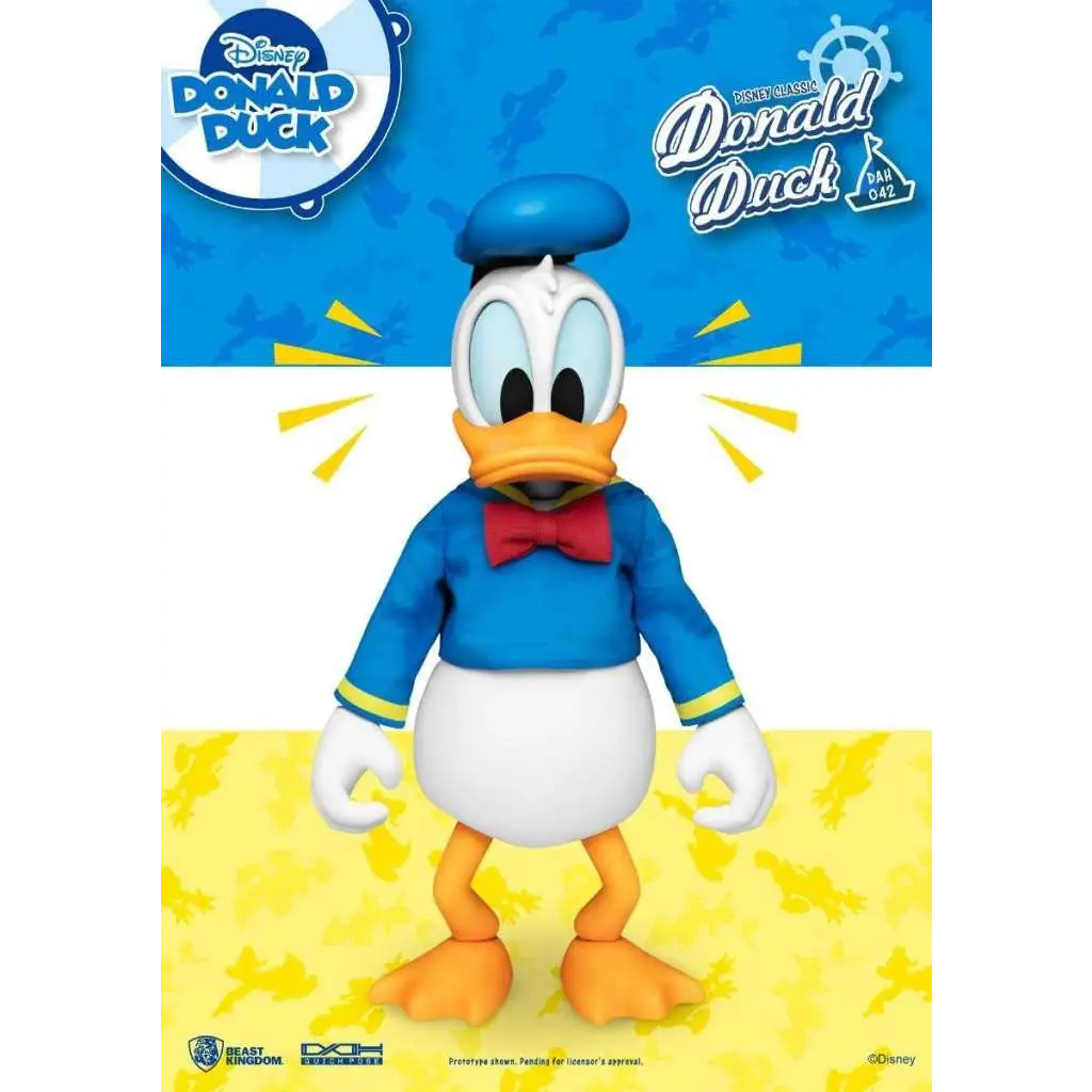 Blå och vit Kalle Anka actionfigur med röd rosett i klassisk sjömanströja