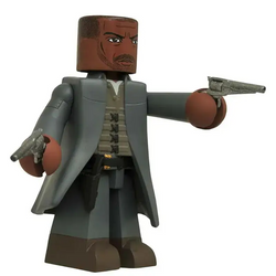 Detaljerad Vinimate-figur av Dark Towers Gunslinger från Stephen King, med brun hy och skägg, grå kappa, beige väst, mörka byxor och två silverrevolvrar