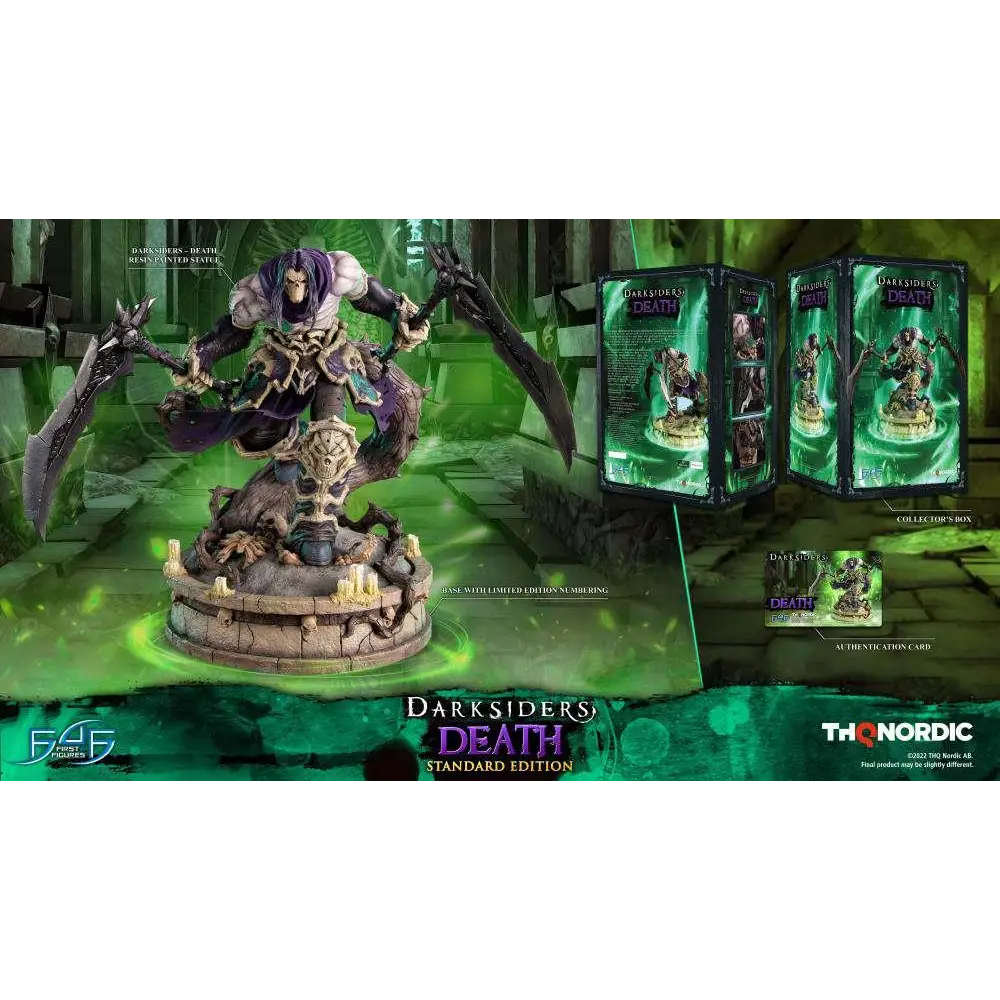 Darksiders Death-statyn - Samlarobjekt med lila-omklädd figur och dubbla böjda blad