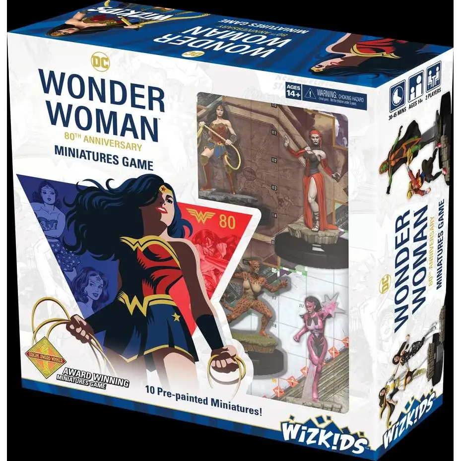 Färgglatt illustrerat spelbräde för DC Comics HeroClix Wonder Woman 80-årsjubileum med terrängzoner och miniatyrer