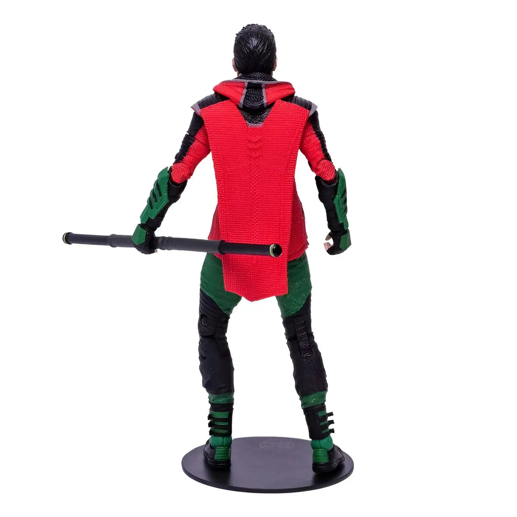 Röd och grön Robin actionfigur från DC Gaming Gotham Knights på rund bas