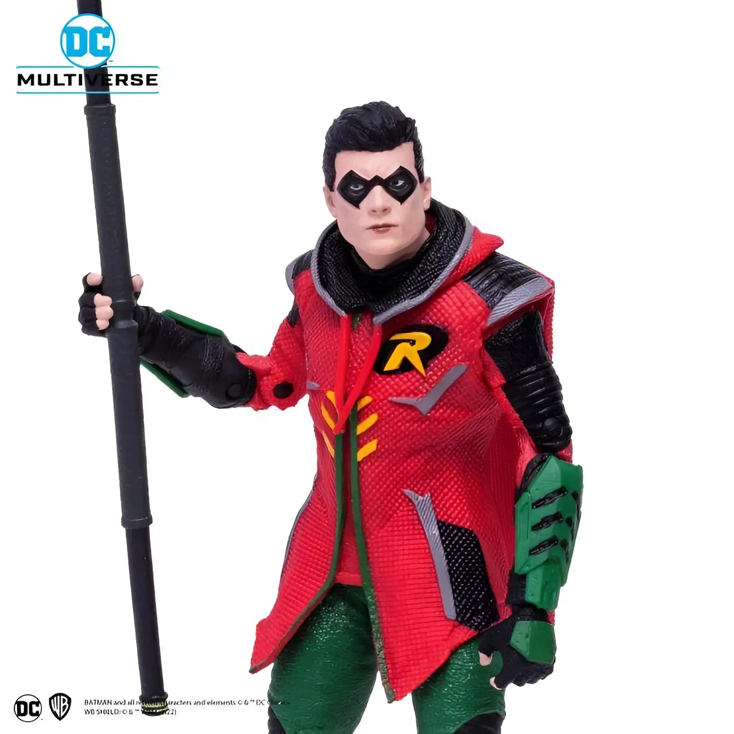 Röd och grön Robin-actionfigur med svart mask och gul R-emblem i DC Gaming Gotham Knights