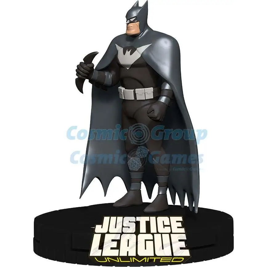Svart och grå Batman-figur med vit bat-emblem, ikonisk pose med batarang, DC HeroClix Justice League Unlimited Booster Brick