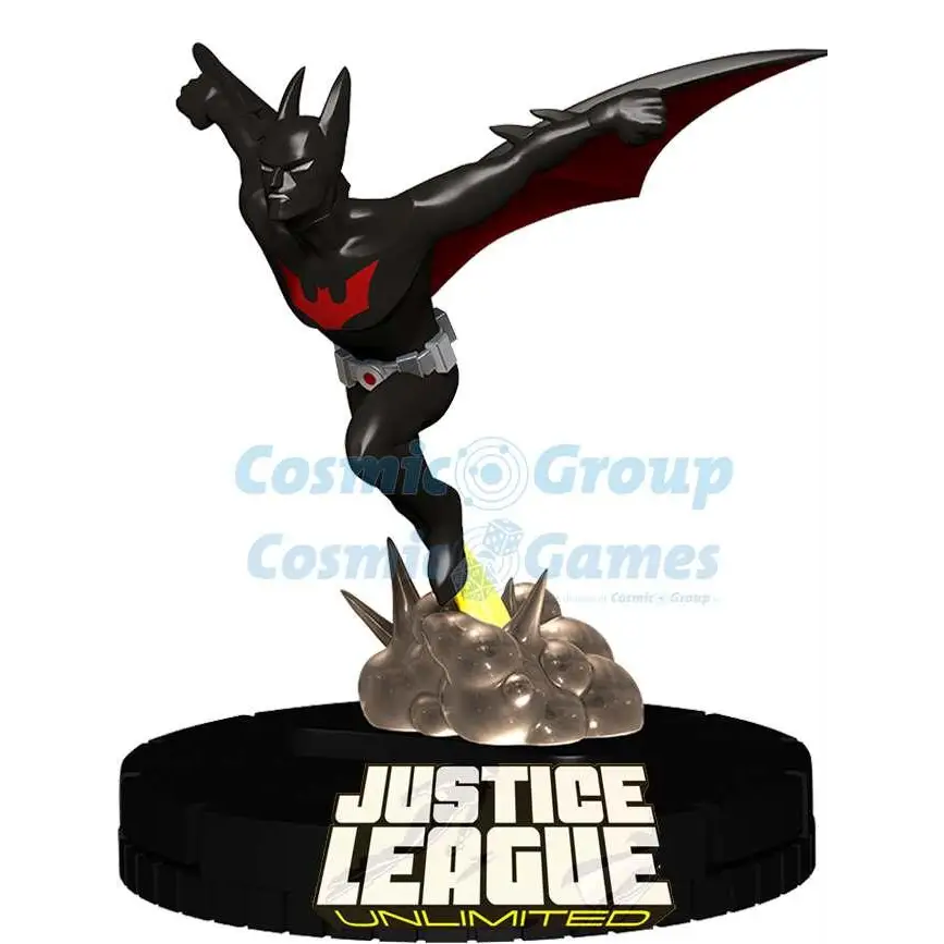 Svart och röd Batman-figur med stiliserad design på svart bas med Justice League Unlimited-logo