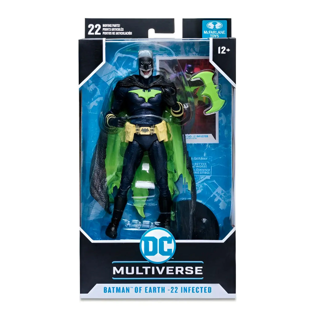 Svart och grön Batman actionfigur med lysande bat-emblem från DC Multiverse Earth-22