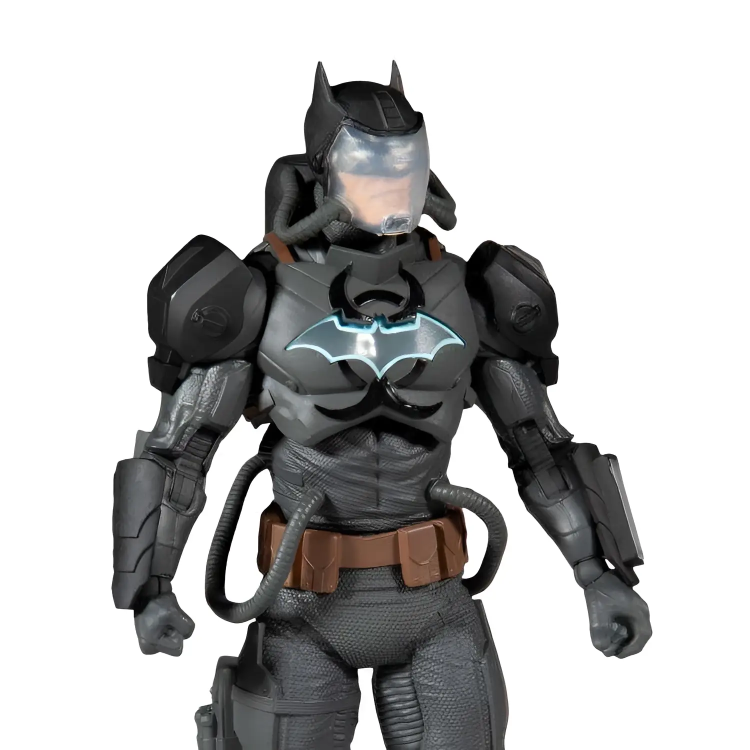 DC Multiverse Batman Hazmat Suit-figur med svart rustning och blå lysande emblem