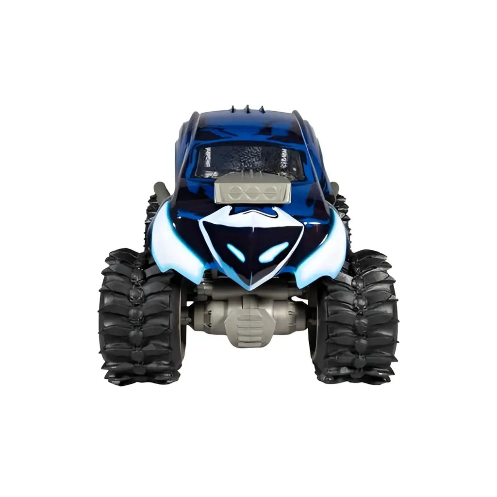 Blå och svart Batmobeast Fordon-monstertruck-leksak med lysande blå strålkastare