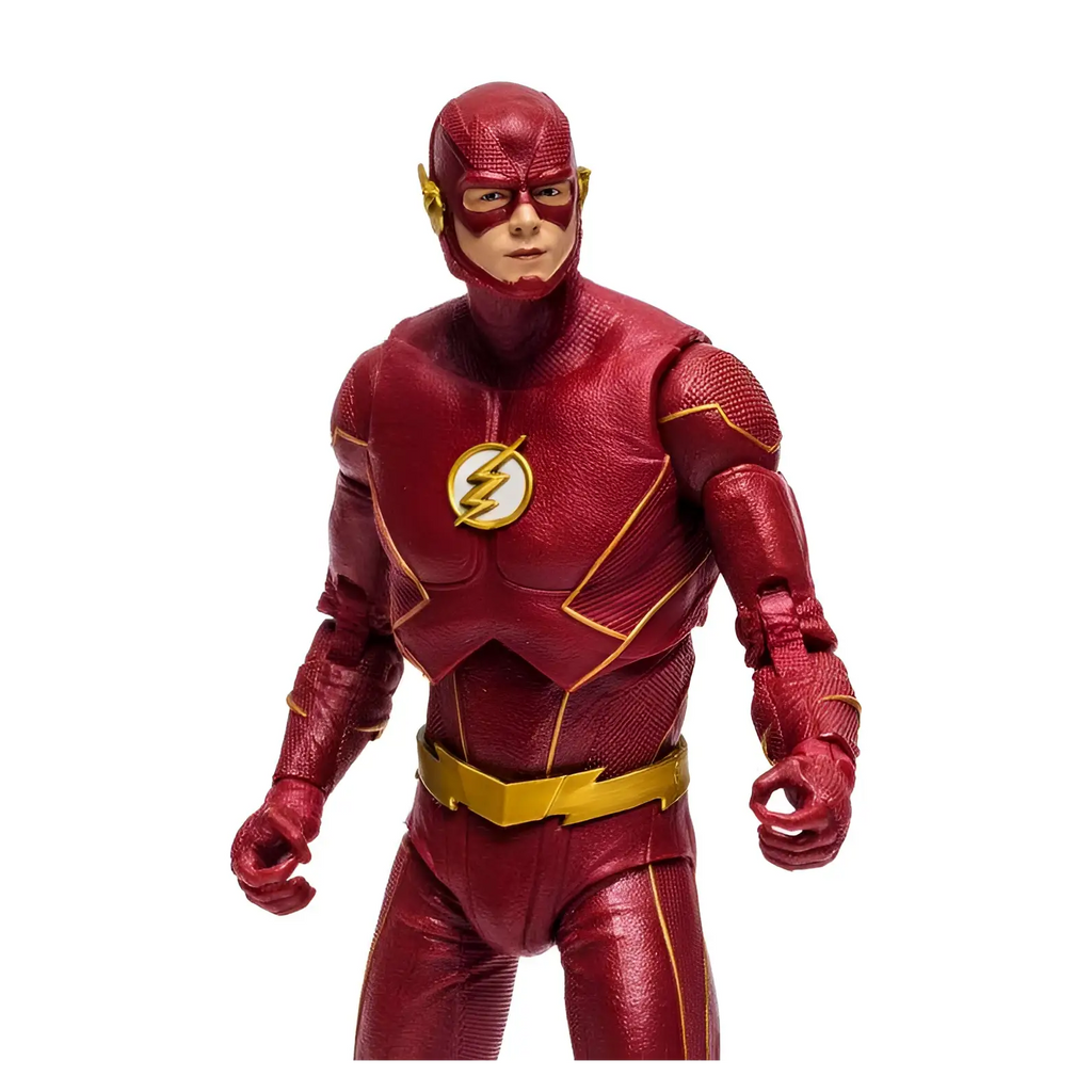Röd och gul DC Multiverse Flash TV säsong 7-figur med blixtemblem