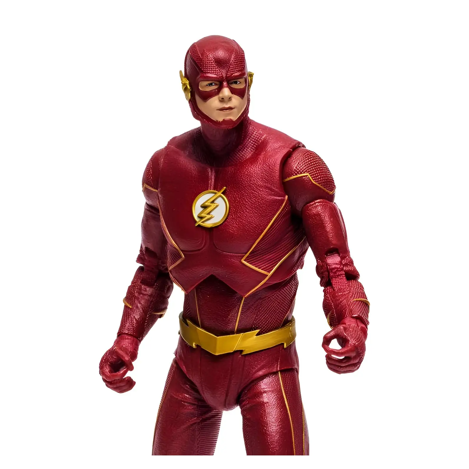 Röd och gul DC Multiverse Flash TV säsong 7-figur med blixtemblem