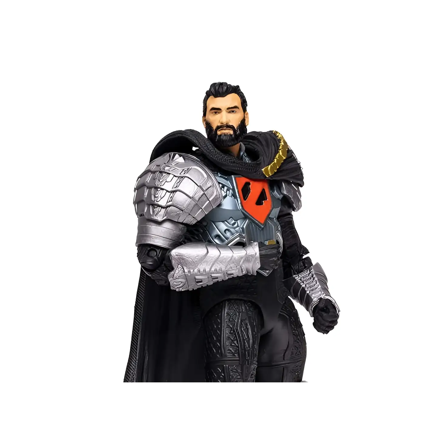 DC Multiverse General Zod actionfigur i svart och silver rustning med röd emblem och svart mantel