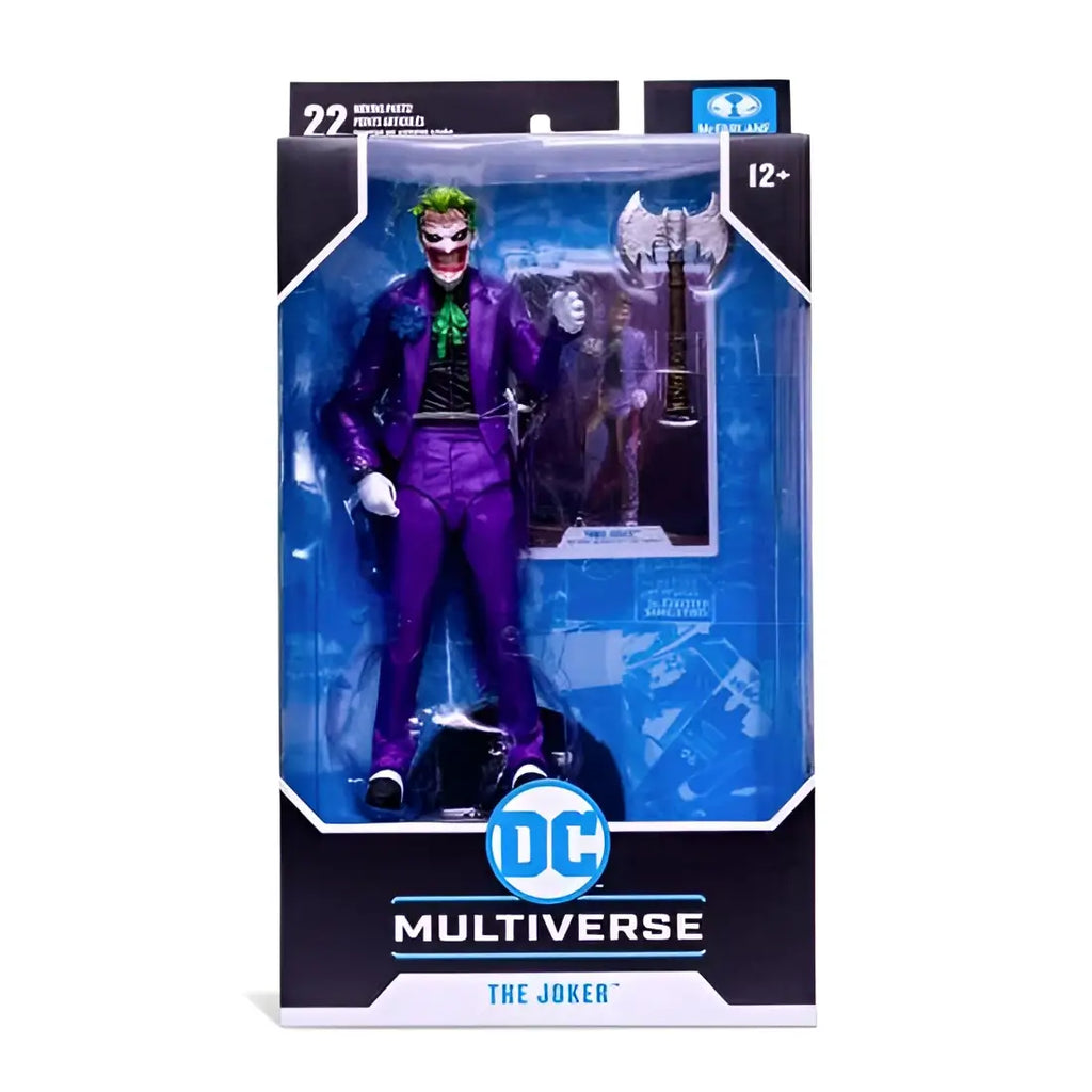 Lila Joker-figur med grönt hår i DC Multiverse-förpackning