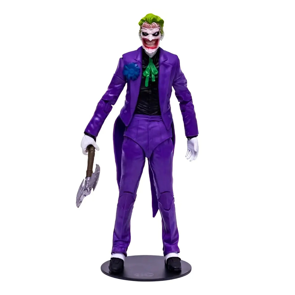 DC Multiverse Joker: Death of the Family-figur med lila kostym, grönt hår, blå blomma och yxa