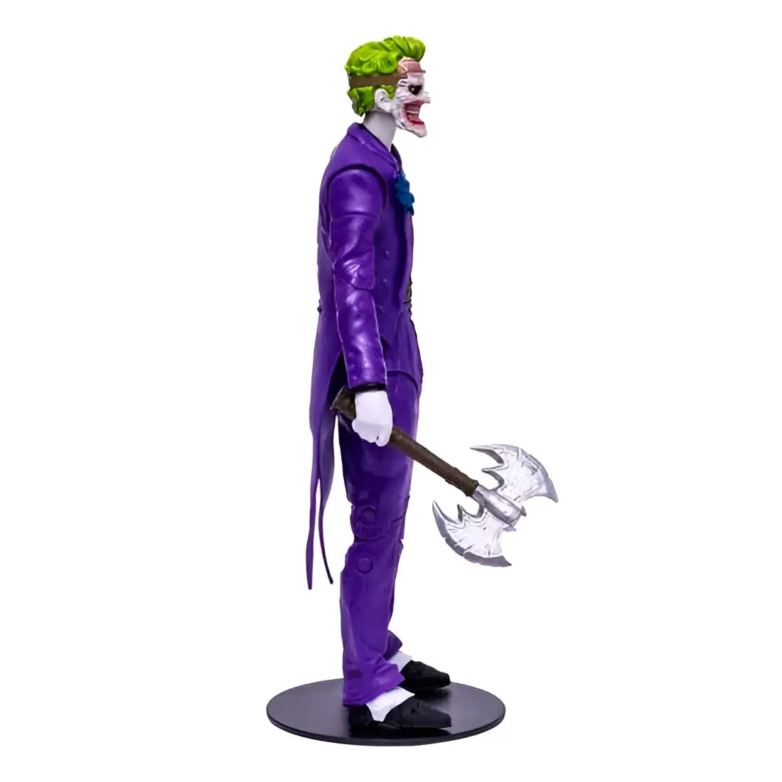 Lila Joker-actionfigur från DC Multiverse, Death of the Family, med grönt hår, målat ansikte, lila kostym och yxa