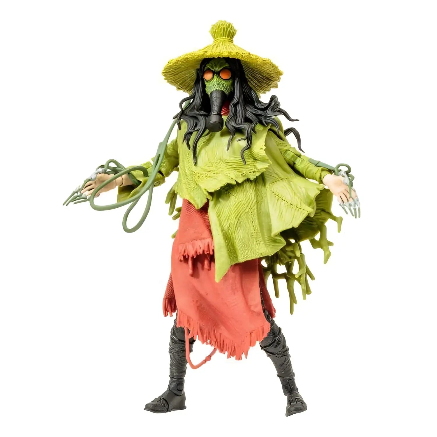 DC Multiverse Scarecrow Infinite AF actionfigur med grön och röd design, gul hatt, gasmask och trasiga kläder