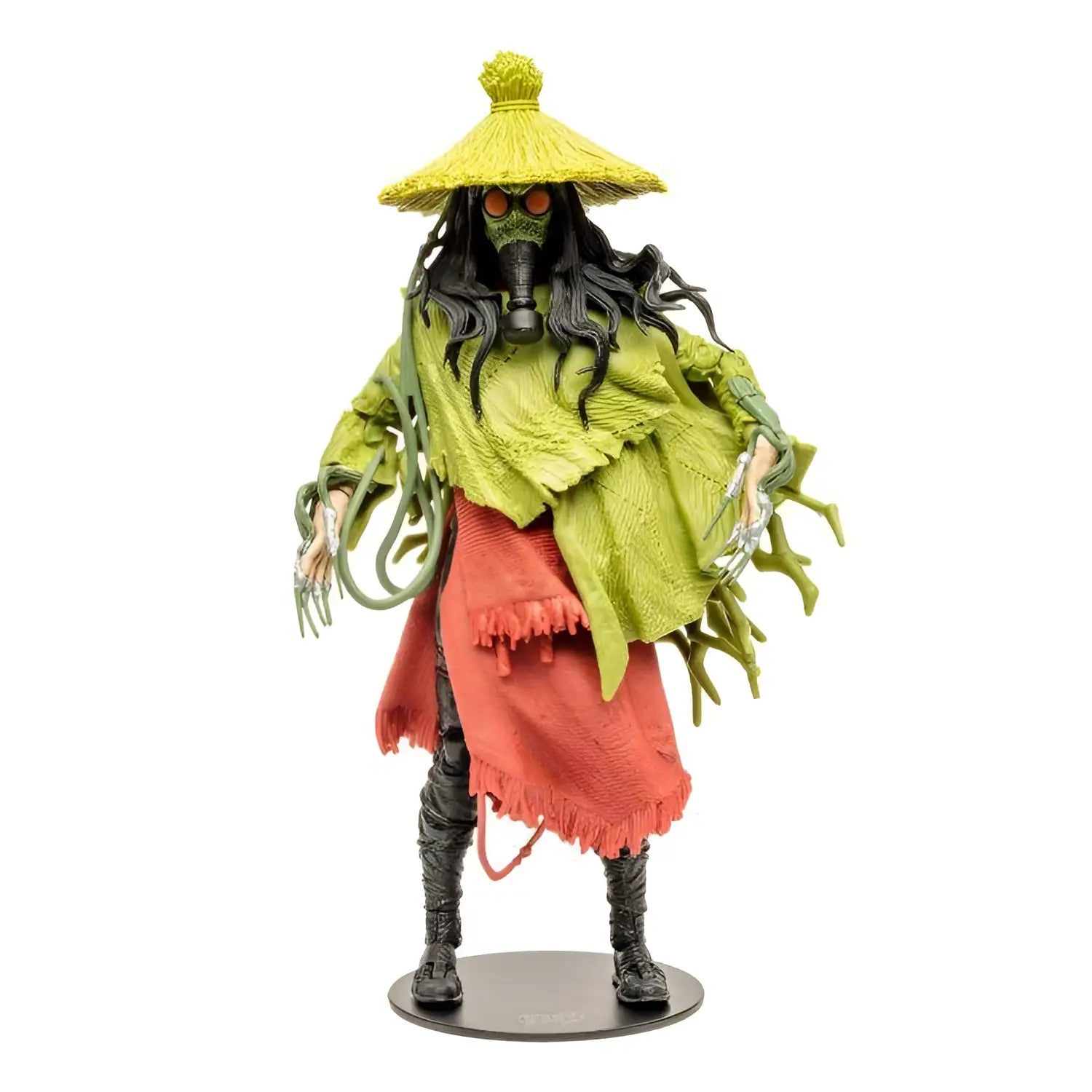 DC Multiverse Scarecrow Infinite AF actionfigur med grön-röd figur i gul konhatt, gasmask med orange glödande ögon, texturerad tygdräkt och svarta stövlar