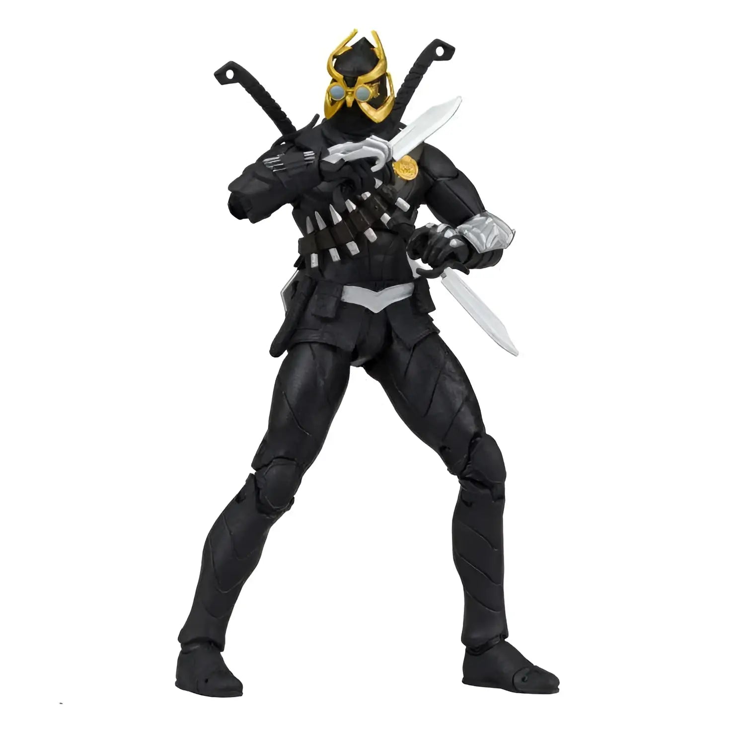 DC Multiverse Talon-figur: Svart och guldrustad actionfigur med stiliserad hjälm och två svärd