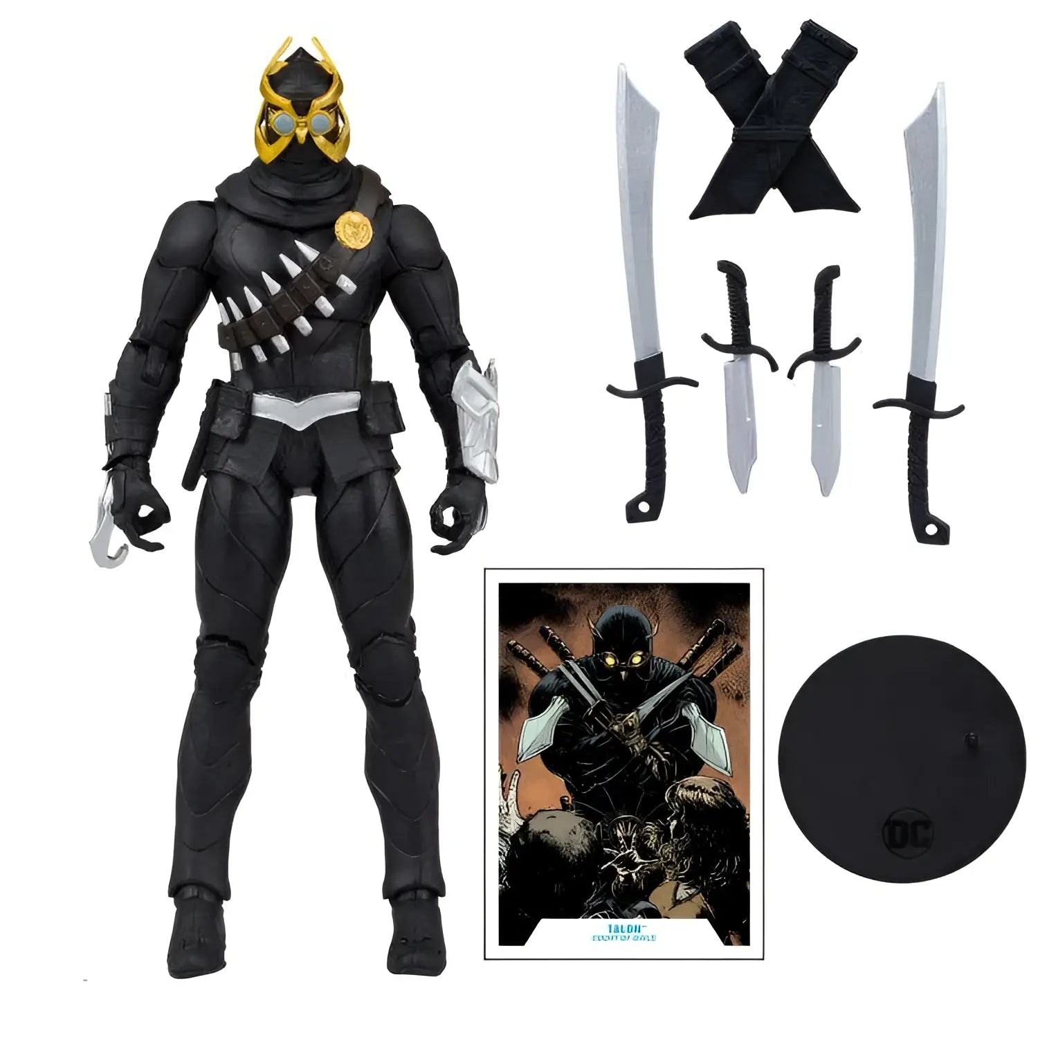 DC Multiverse Talon-figur med svart och guld rustning, hjälm, bältespåsar och silverdetaljer