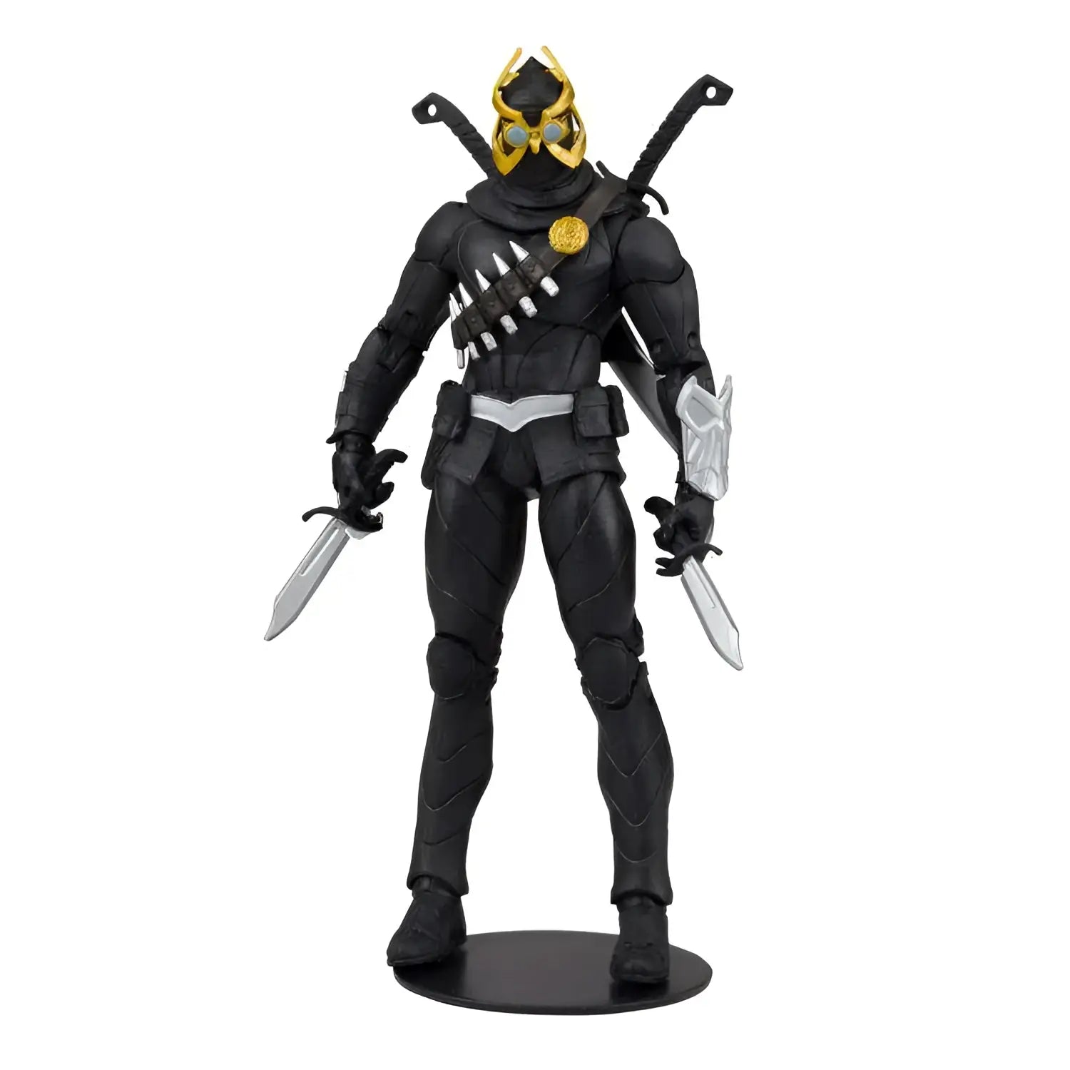 DC Multiverse Talon-figur med svart och guld rustning, stiliserad hjälm, dubbla svärd på ryggen och två dolkar i handen