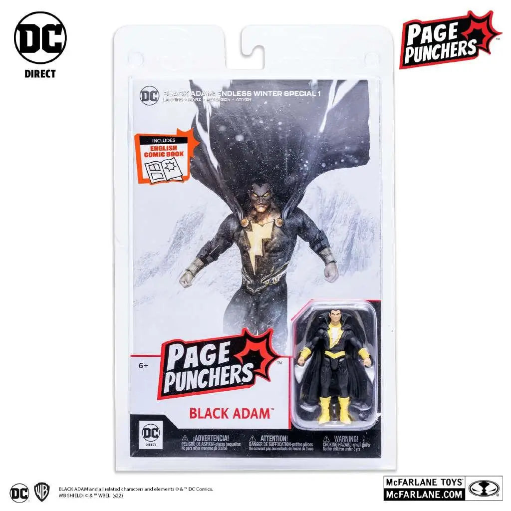 DC Page Punchers Black Adam 3-tums actionfigur med serietidning i svart-guld kostym och gula stövlar i förpackning