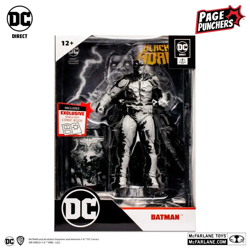 Svartvit Batman-actionfigur i plastförpackning med DC Direct-logo