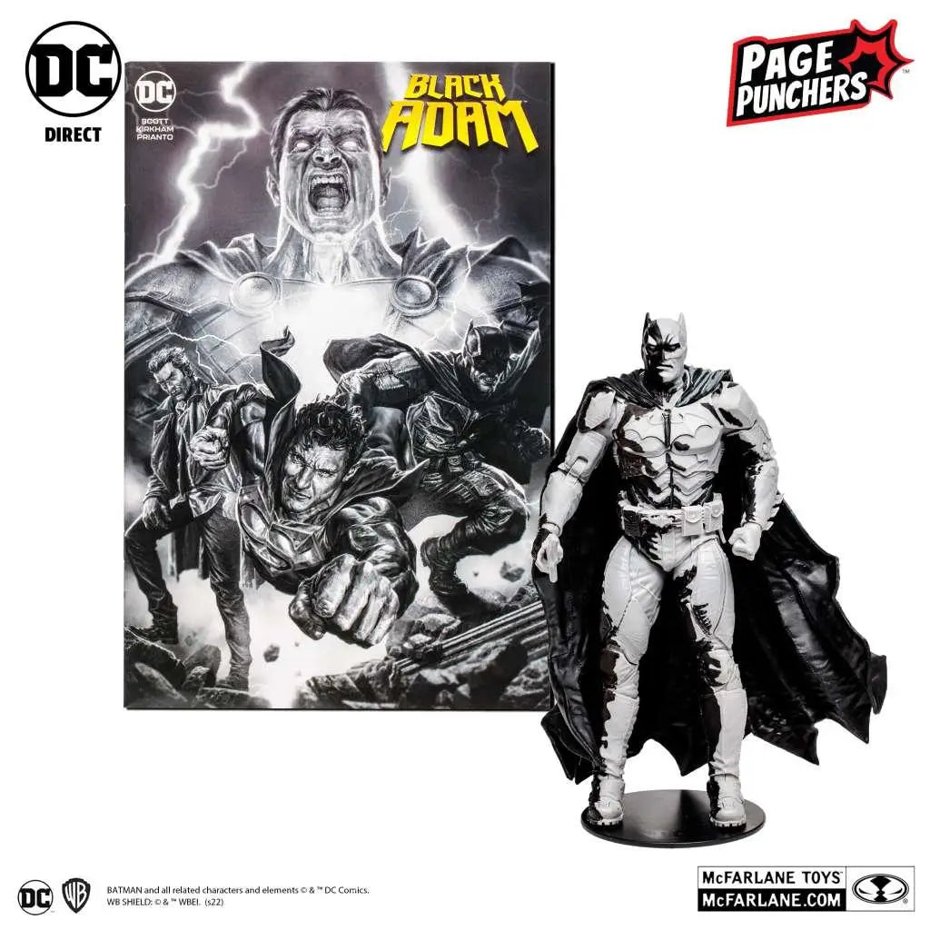 Svartvit Batman-actionfigur med detaljerad skulptur, målad rustning och fladdrande mantel i DC Page Punchers Linjeteckning