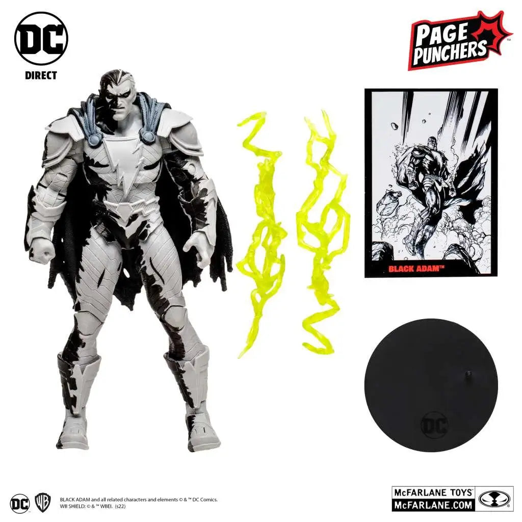 DC Page Punchers Black Adam-figur i svartvit rustning med gul blixtaccessoar