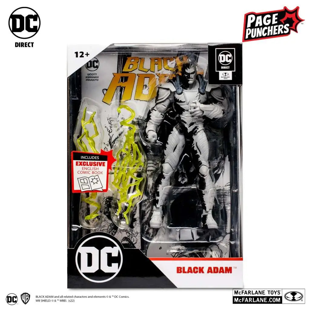 DC Page Punchers Black Adam figur i svartvitt rustning med gul energi