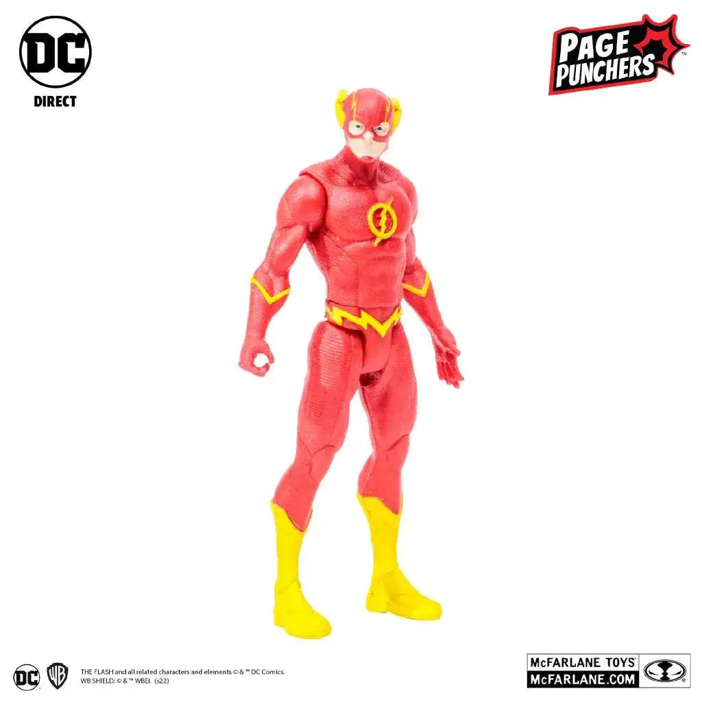 Röd och gul Flash actionfigur med blixtemblem från McFarlane Toys i DC Page Punchers-serien