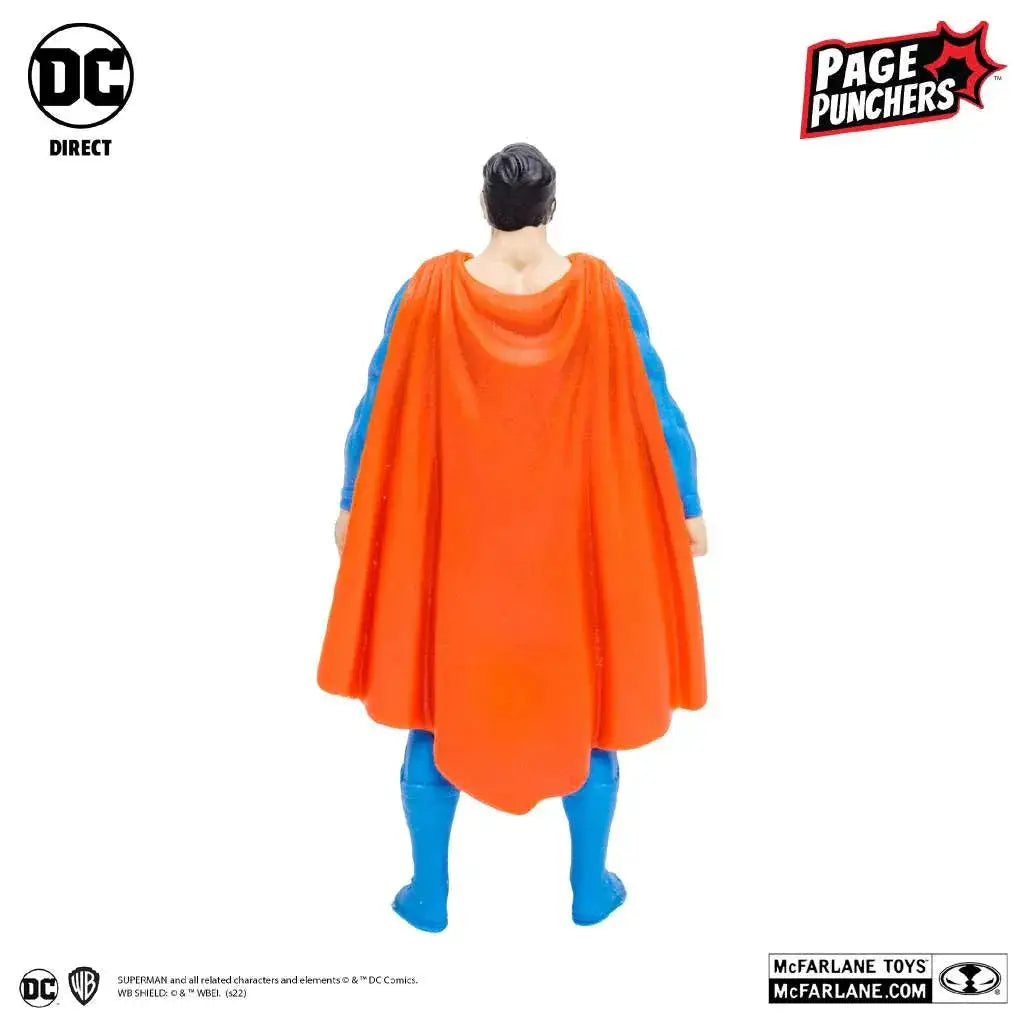 Orange och blå Superman-actionfigur med fladdrande mantel, designad av Page Punchers