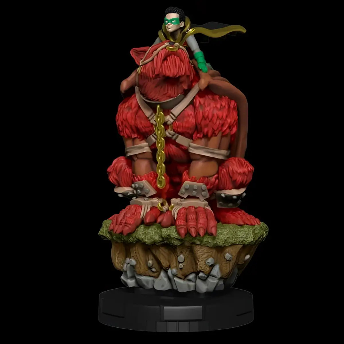 Röd pälsad muskulös figur med grön mask och guldkedja rider jätte röda odjuret på stenbas i DC Rebirth Boosters Brick HeroClix