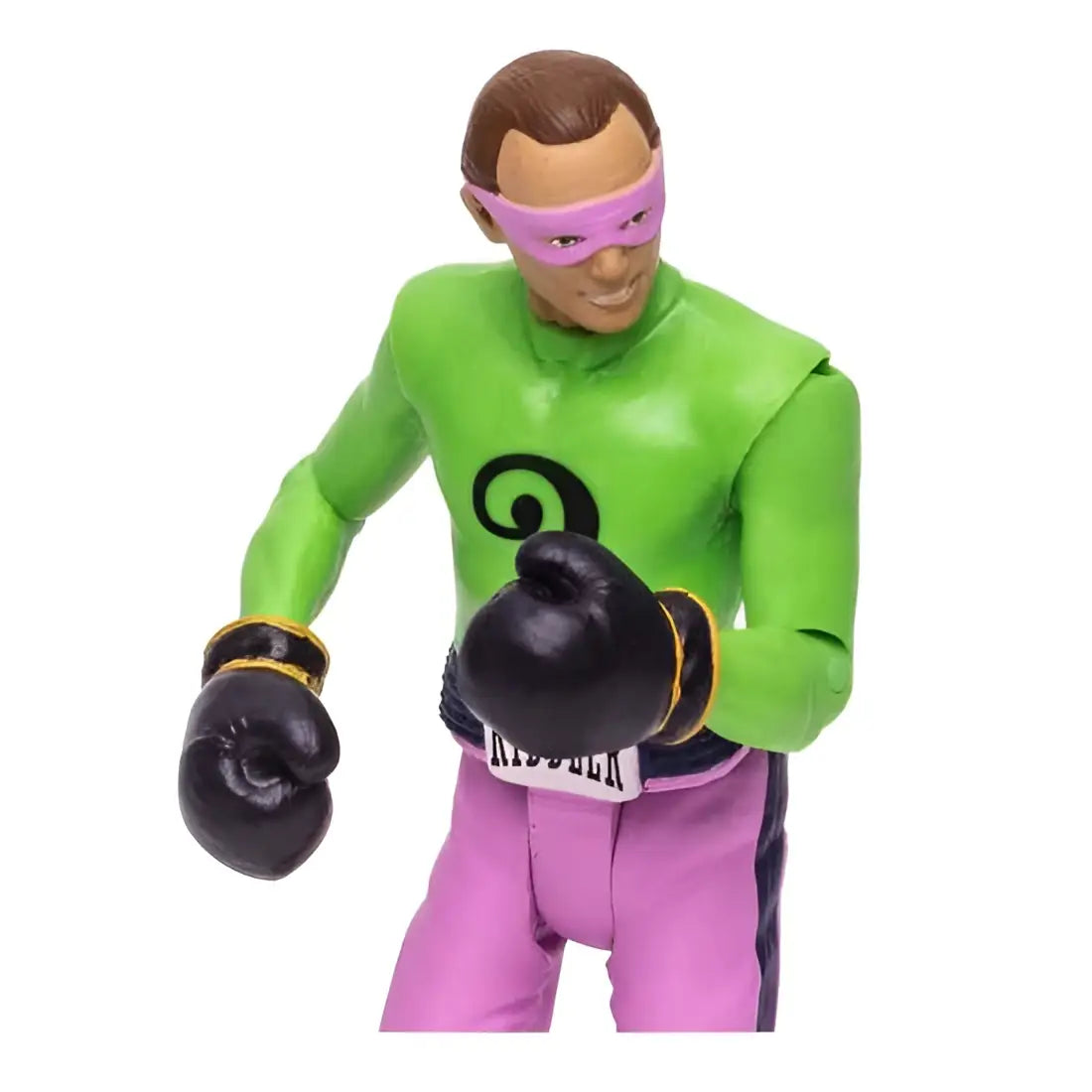 Grön och rosa boxare actionfigur med svarta handskar, guldtrim och Rubber-bälte i DC Retro Batman 66 Riddler Boxfigur