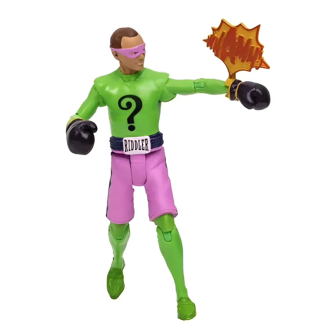 Grön och rosa Riddler actionfigur med svarta handskar, bälte och stövlar från DC Retro Batman 66