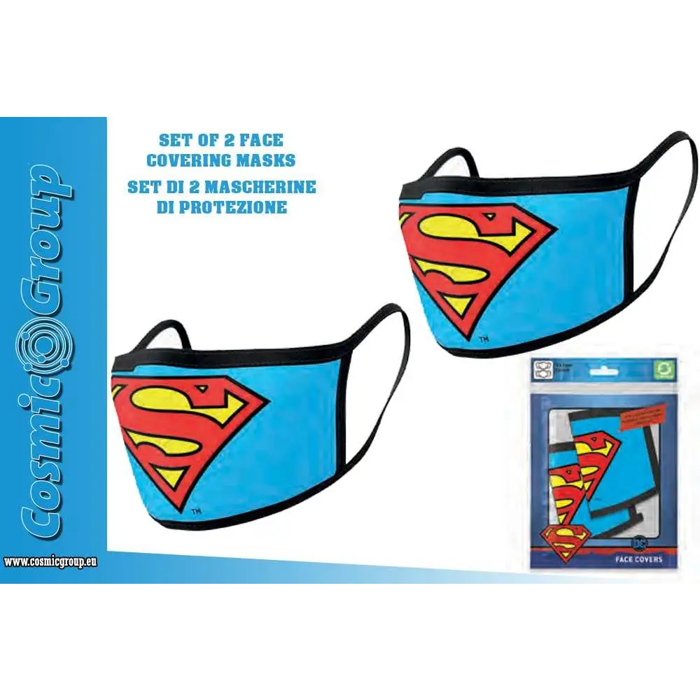 Blå Superman-ansiktsmasker med röd-gul logga och svart kant, 2-pack