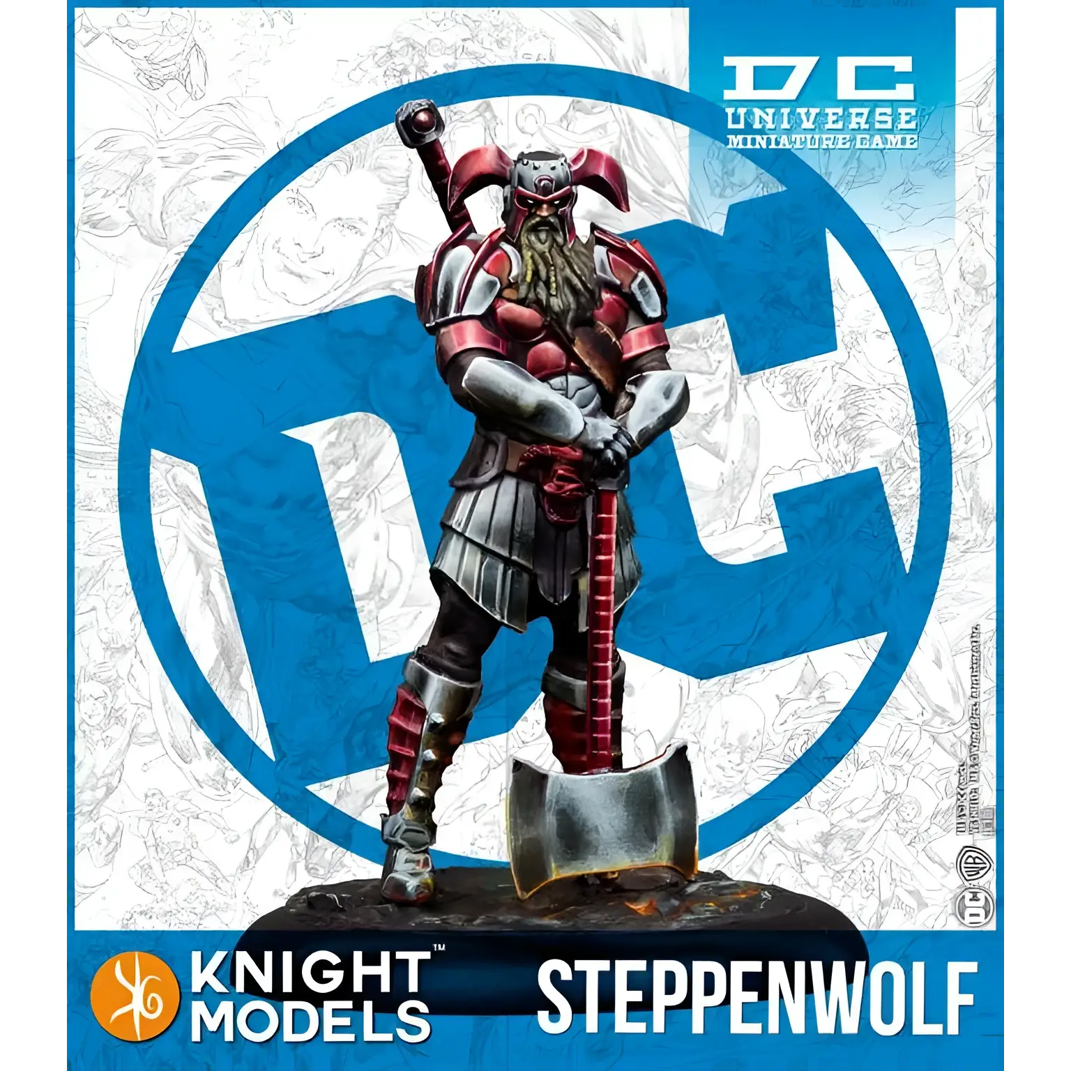 Steppenwolf miniatyrfigur i röd och silver rustning med stor yxa från DCU Miniatyrspel