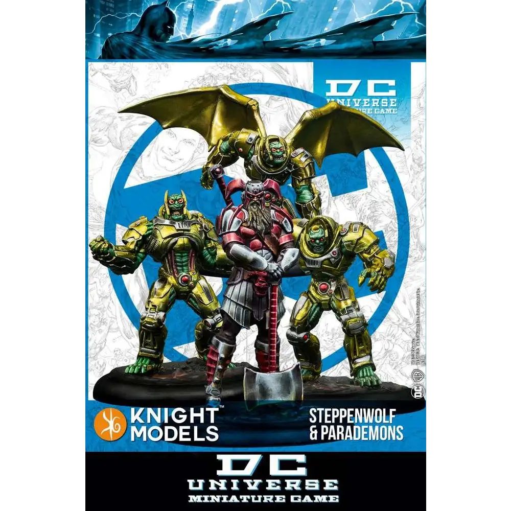 Gyllene och gröna rustade miniatyrfigurer av Steppenwolf och parademons från DC Universe Miniature Game