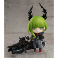 Grön håret animefigur Dead Master Nendoroid från Black Rock Shooter med svarta horn, mörkgrå kostym med röda detaljer bredvid svart motorcykel