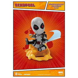 Vit Deadpool-figur i svart och vitt med röda ögon, blå svärd, på gul goo-bas