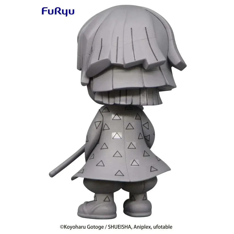 Grå resinfigur av Zenitsu Agatsuma med lagerhårt och triangulär mönstrad mantel, Furyu-design