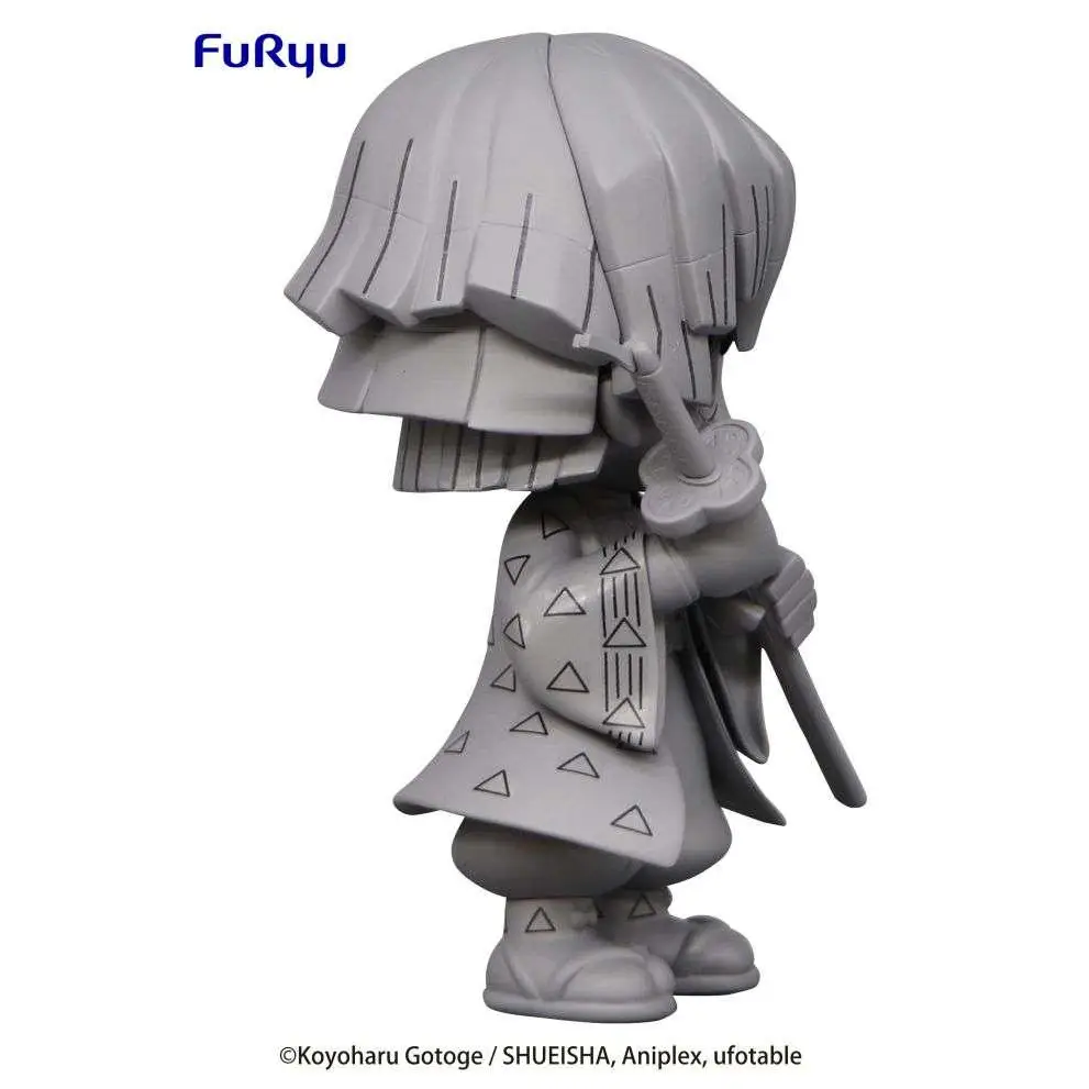 Grå resinfigur av chibi Zenitsu Agatsuma med lagerhårt och triangelmönsterkappa från Furyu