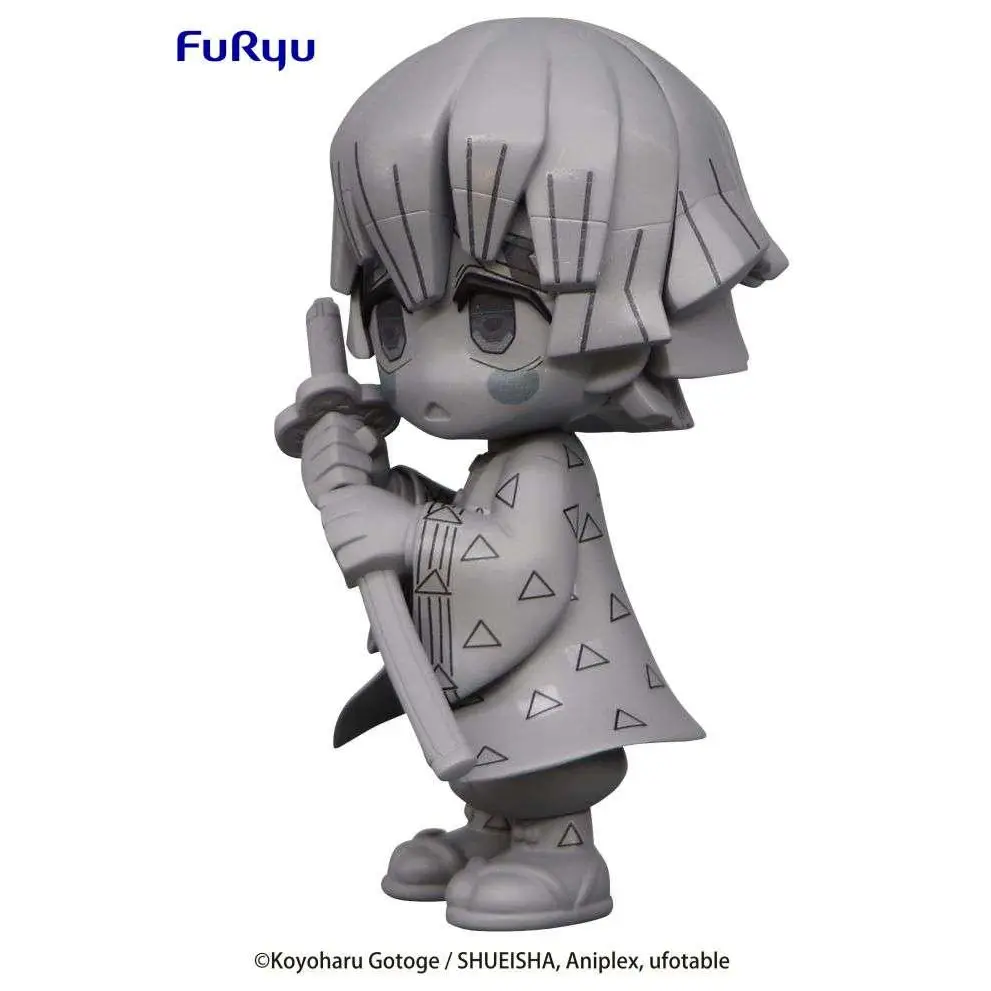 Grå chibi-figur av Demon Slayer Zenitsu Agatsuma med svärd och mönstrad robe