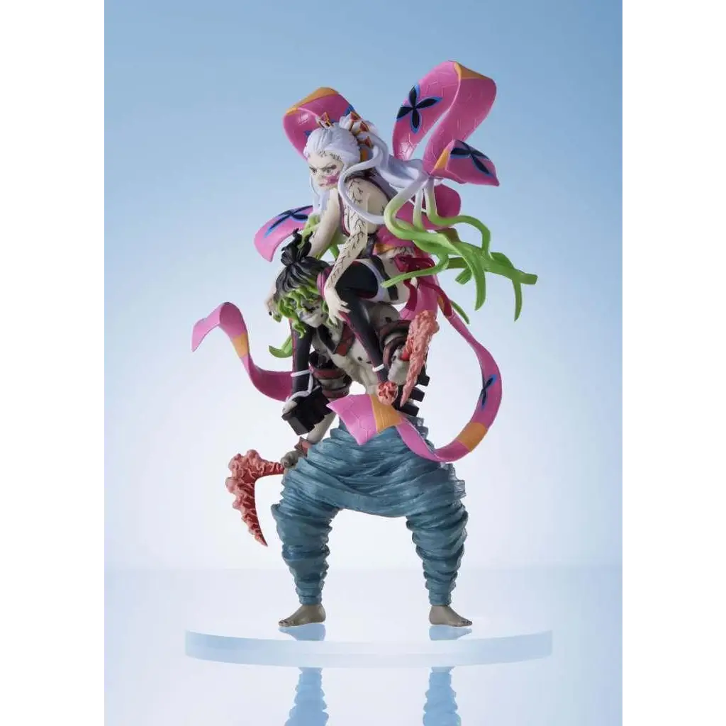 Demon Slayer Daki och Gyutaro figur med rosa svarta fjärilvingar vit hår gröna tentakler blå byxor