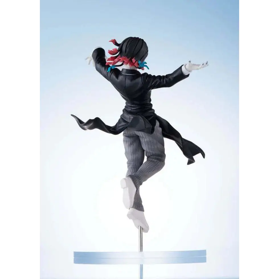 Demon Slayer Enmu figur med svart-grå kropp, röda och blå håraccenter, dynamisk pose på stativ