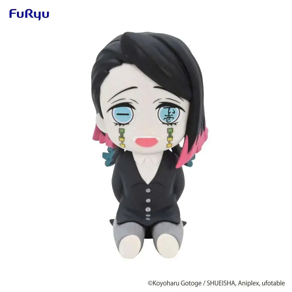 Chibi Enmu-figur från Demon Slayer, svart hår med rosa toppar, svart skjorta och grå byxor