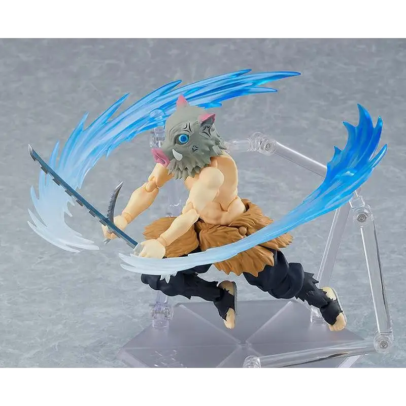 Demon Slayer Inosuke Hashibira DX Figma actionfigur med grå päls, rosa öron, två svärd och blå energi-effekter
