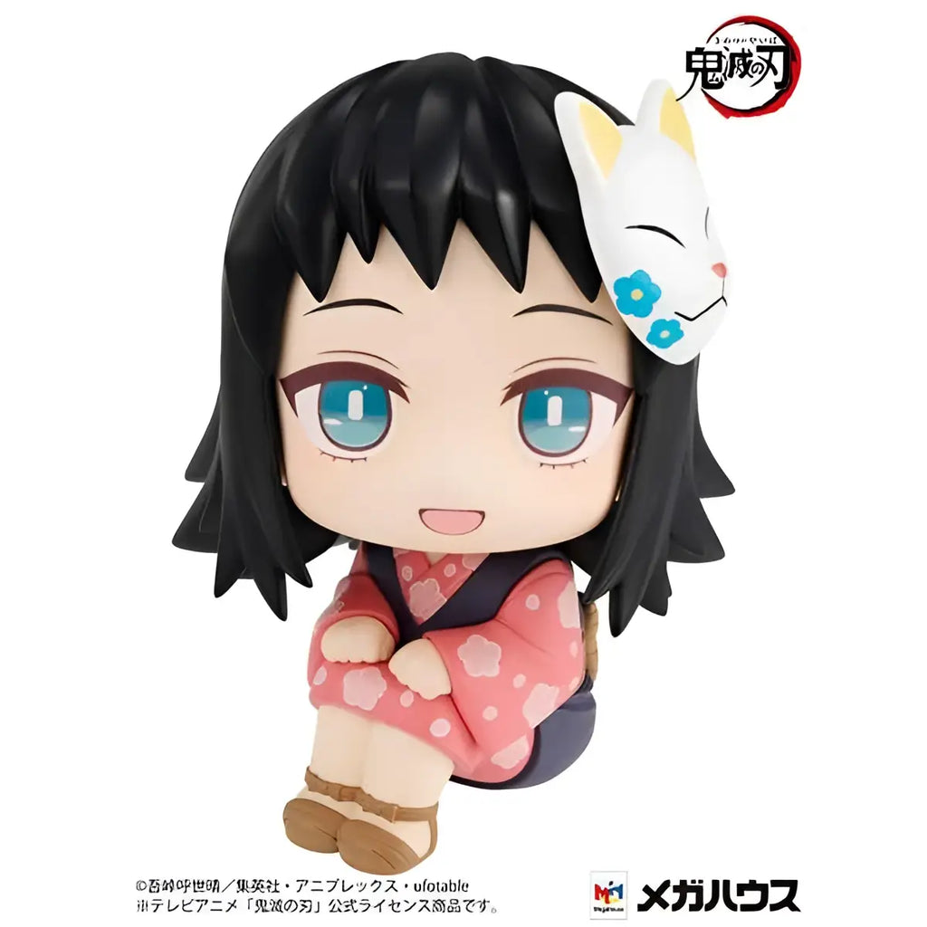 Chibi Demon Slayer Makomo Lukappo-figur med svart hår, blå ögon och rosa kimono