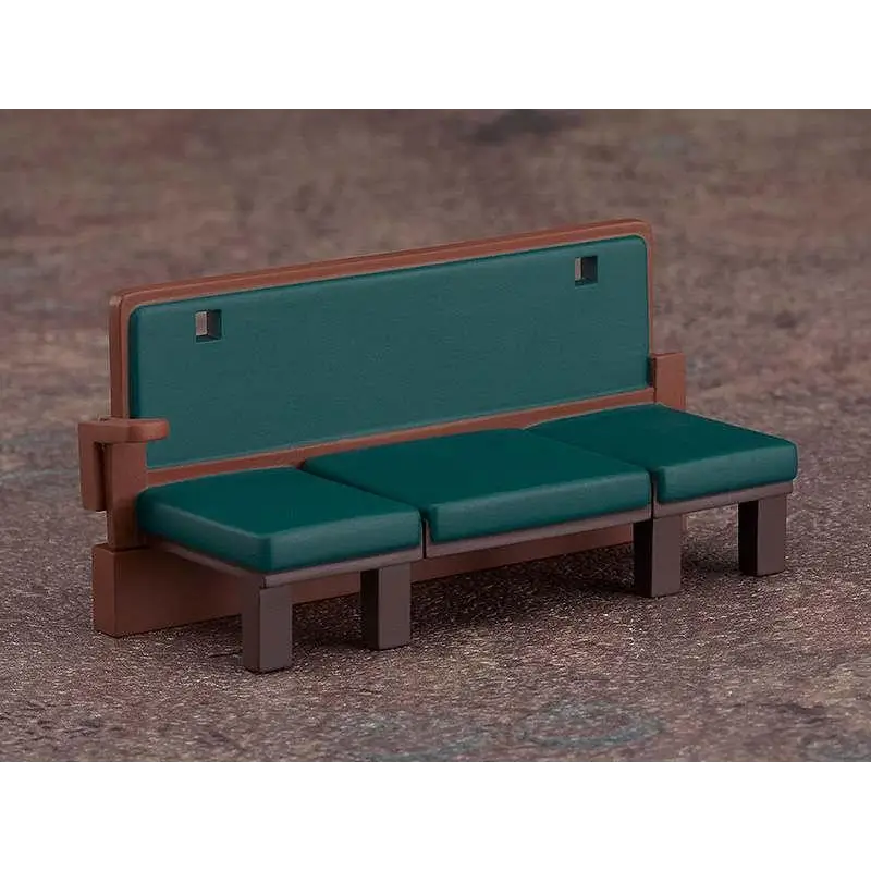 Teal kuddad bänk med brun plast ram och ben för Demon Slayer Mugen Train Nendoroid Swacchao!