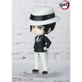 Chibi Demon Slayer Muzan-figur i svartvitt med fedora, kostym och röda ögon