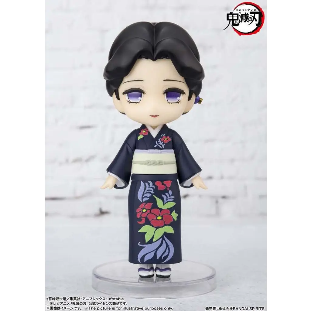 Svart kimono med röd och blå blommig brodyr, gräddfärgad obi-bälte, Demon Slayer Tamayo Figuarts Mini